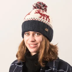 Cheap Bonnet à Pompon Turn Up Reindeer bleu marine-crème Femme Bonnets À Pompon|Bonnets
