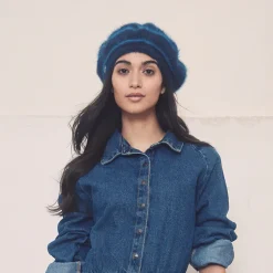 Clearance Béret en Angora à Rayures bleu Femme Chapeaux Hiver|Bérets