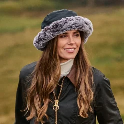 Store Chapeau Bob en Coton Ciré Rebord en Fausse Fourrure noir Femme Fausse Fourrure|Chapeaux Hiver