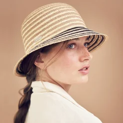 Clearance Chapeau Cloche en Paille à Rayures naturel-noir Femme Chapeaux De Paille|Chapeaux Cloche
