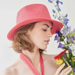 Discount Chapeau Fedora en Paille Toyo rose-orange Femme Chapeaux Trilby|Chapeaux Fedora